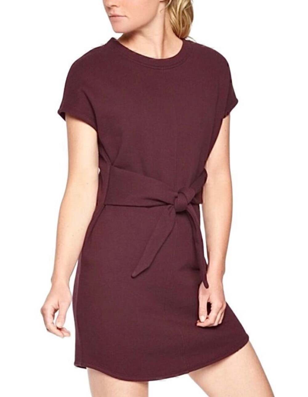 Athleta Embrace Maroon Short Sleeve Tie Waist Sweatshirt Dress-Size M